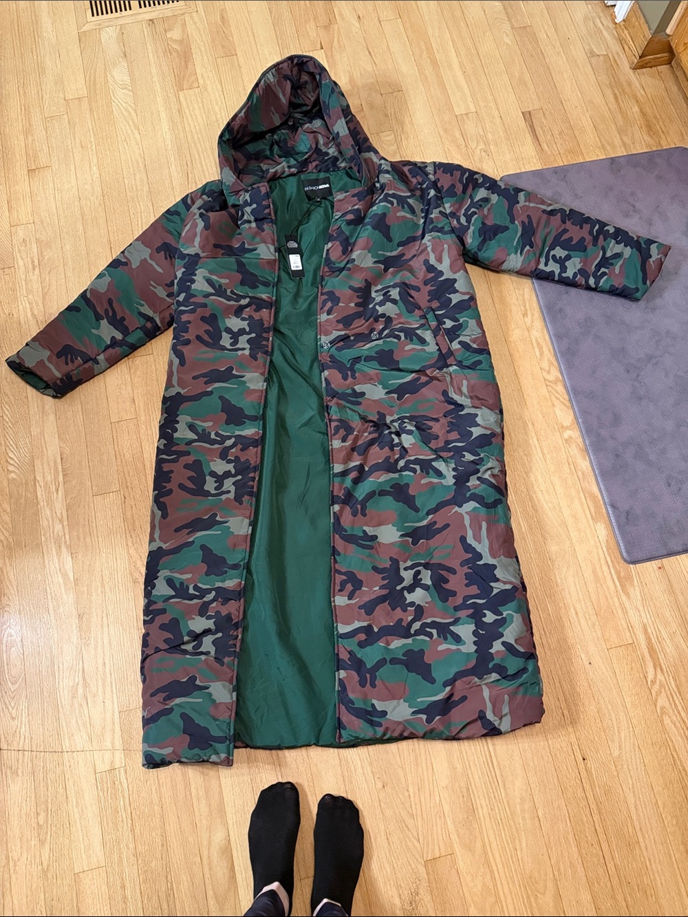 Fashion Nova Green & Brown Camo Long Hooded Trench Coat